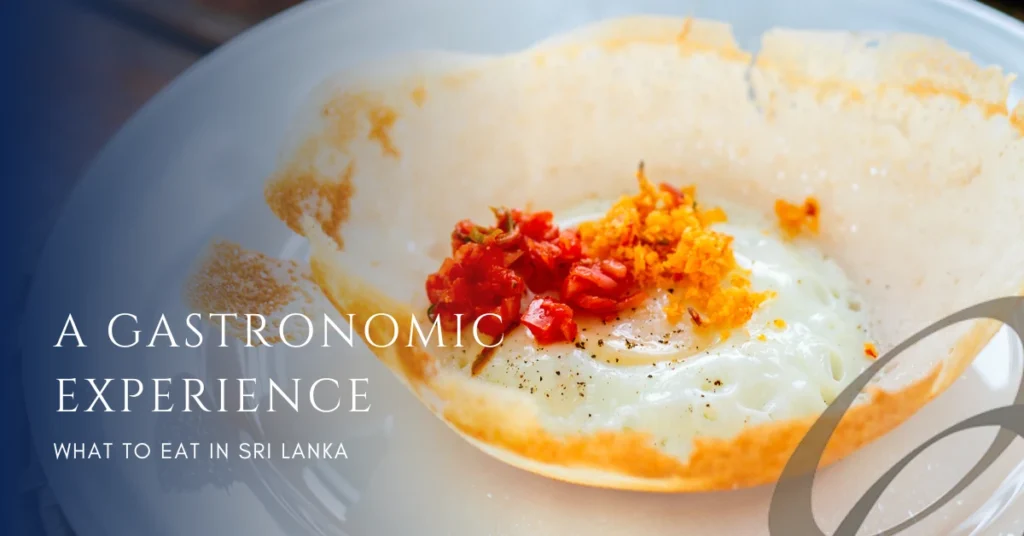 Ceylon Roots | Tour Operator in Sri Lanka | Travel to Sri Lanka - A close-up image of a traditional Sri Lankan egg hopper, a popular dish, with chili relish and fried onions. The image has a text overlay "A GASTRONOMIC EXPERIENCE", promoting a culinary tour offered by Ceylon Roots, a leading Tour Operator in Sri Lanka.