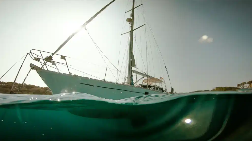 A unique over-under water perspective of a luxurious yacht sailing on clear turquoise water, with sunlight gleaming above and the underwater hull visible, showcasing a maritime experience offered by Ceylon Roots, a top Tour Operator in Sri Lanka.