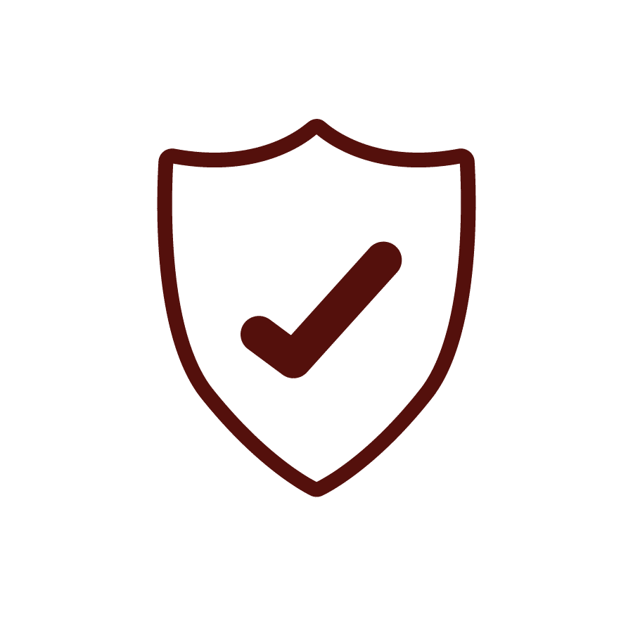 A simple dark brown outline icon of a heraldic shield containing a checkmark in the center on a transparent background.