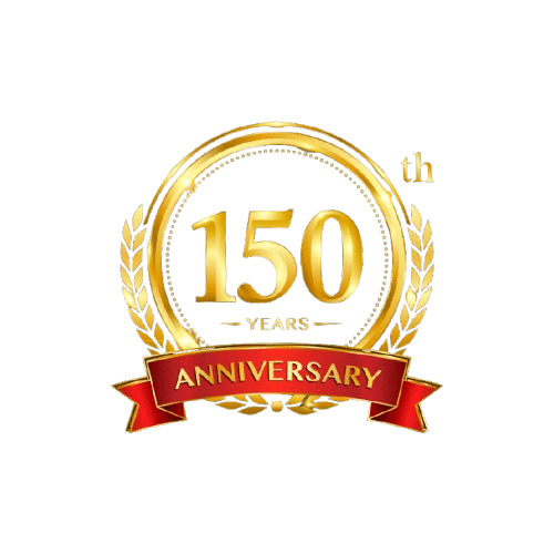 A golden 150th anniversary badge with a laurel wreath and a red banner reading "ANNIVERSARY" on a transparent background.