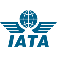 Official blue IATA logo with a globe flanked by winged emblem above the bold IATA text on a transparent background.