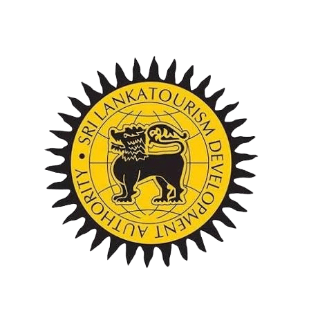 Circular Sri Lanka Tourism Development Authority official emblem with a sunburst outer edge and a central Sri Lankan lion holding a sword over a globe.
