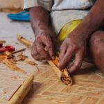 A man's hands rolling or shaping cinnamon sticks, a step in the production process of high-quality Ceylon cinnamon.